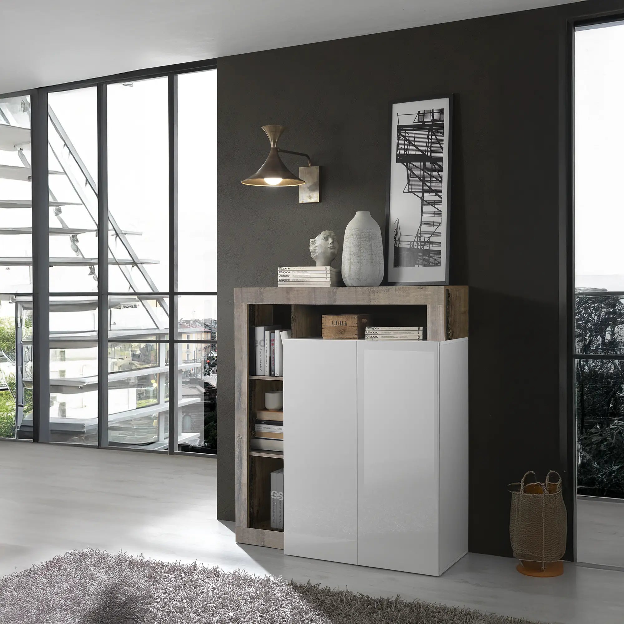 Colonna contenitore moderna due ante chiuse e 4 vani a giorno senza schienale in colore bianco e pero, mobile contenitore elegante per soggiorno