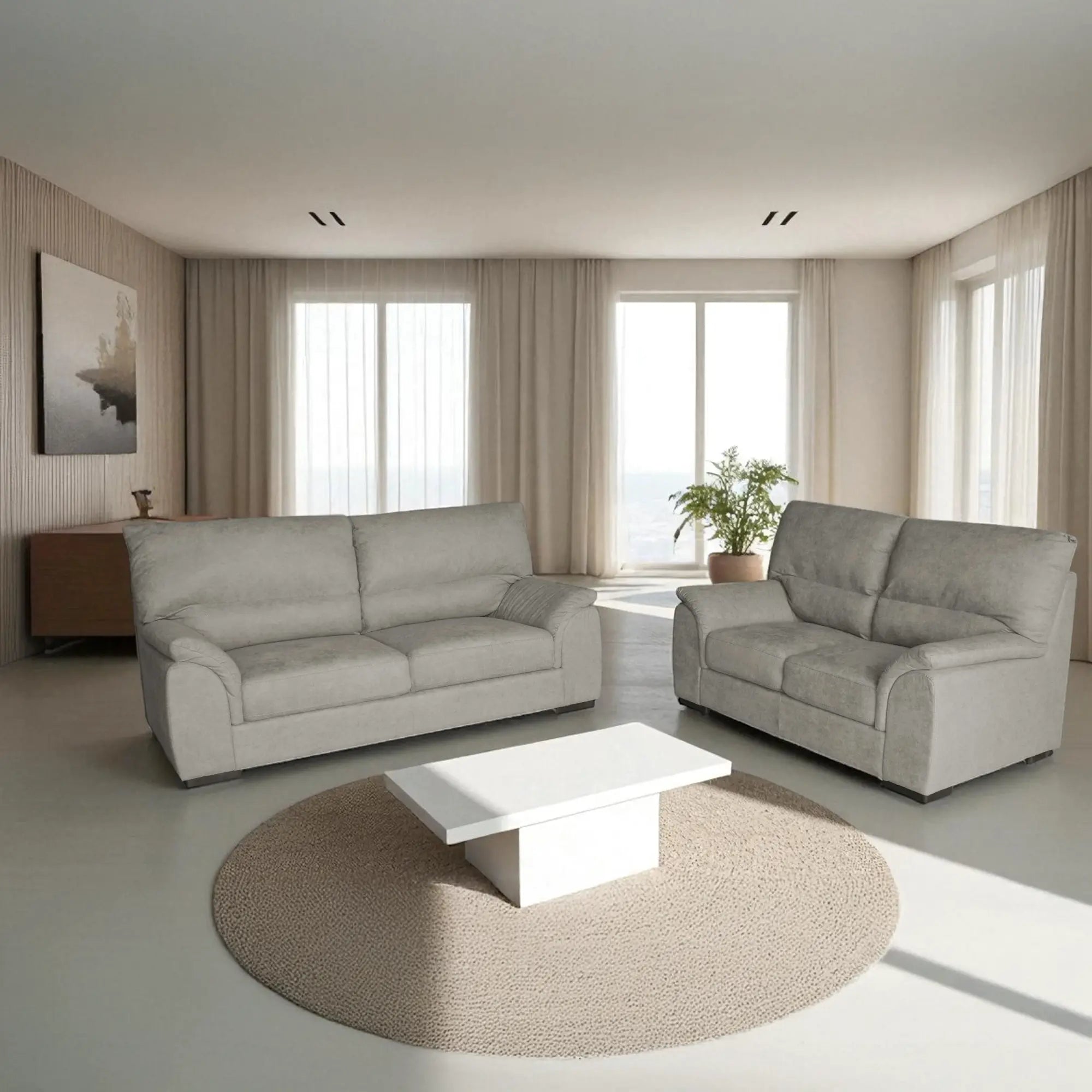 Set divano salotto 3+2 posti in tessuto tortora, con sedute ampie e confortevoli, ideale per soggiorni eleganti e funzionali