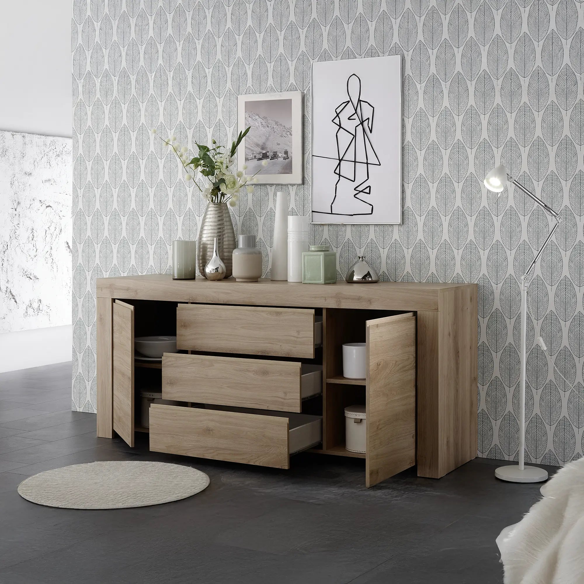 Mobile ampio spazio contenitivo moderno 2 ante laterali con ripiano interno e 3 cassetti centrali in colore cadiz, mobile contenitore elegante per soggiorno