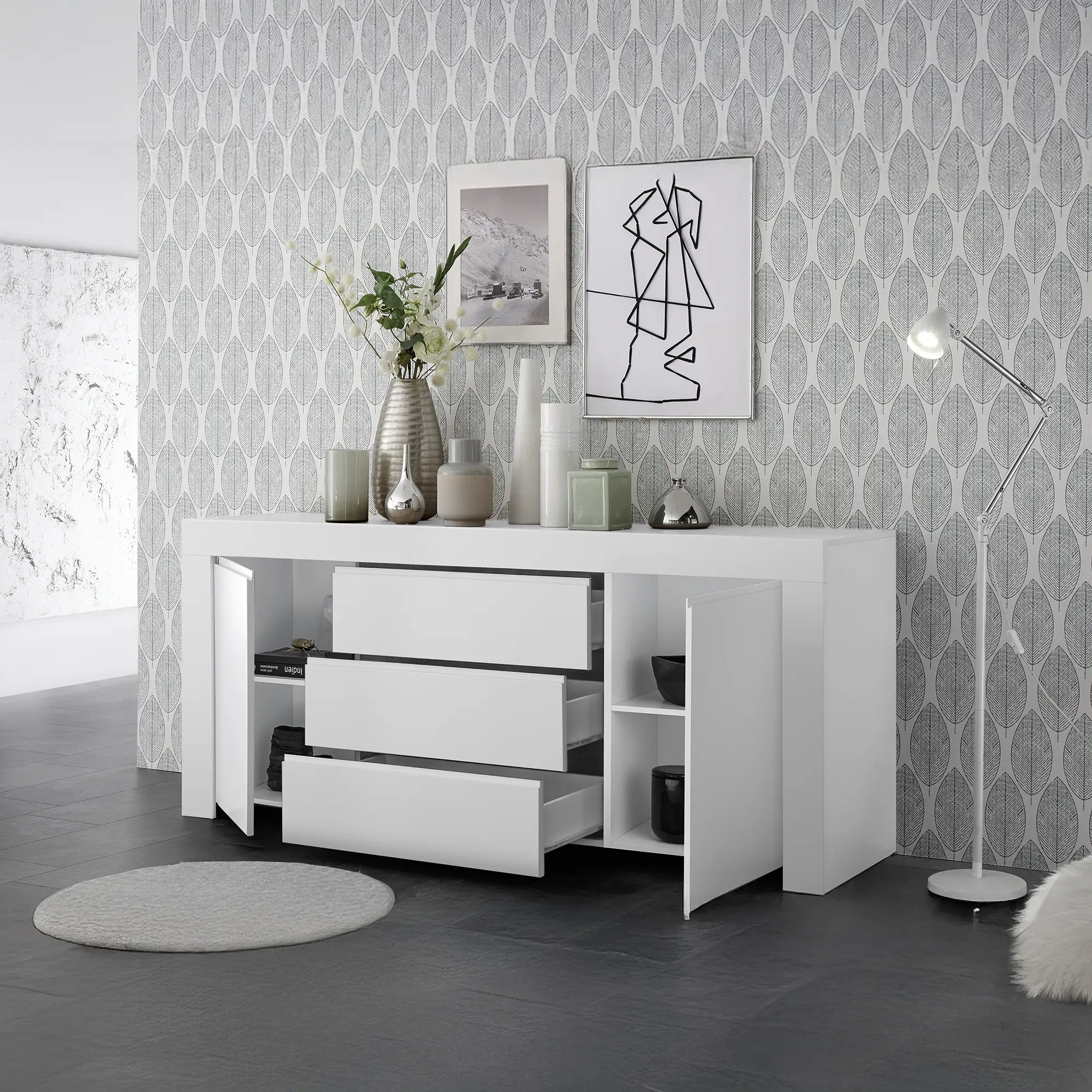 Mobile contenitore moderno 2 ante laterali con ripiano interno e 3 cassetti centrali in colore bianco, mobile contenitore elegante per soggiorno