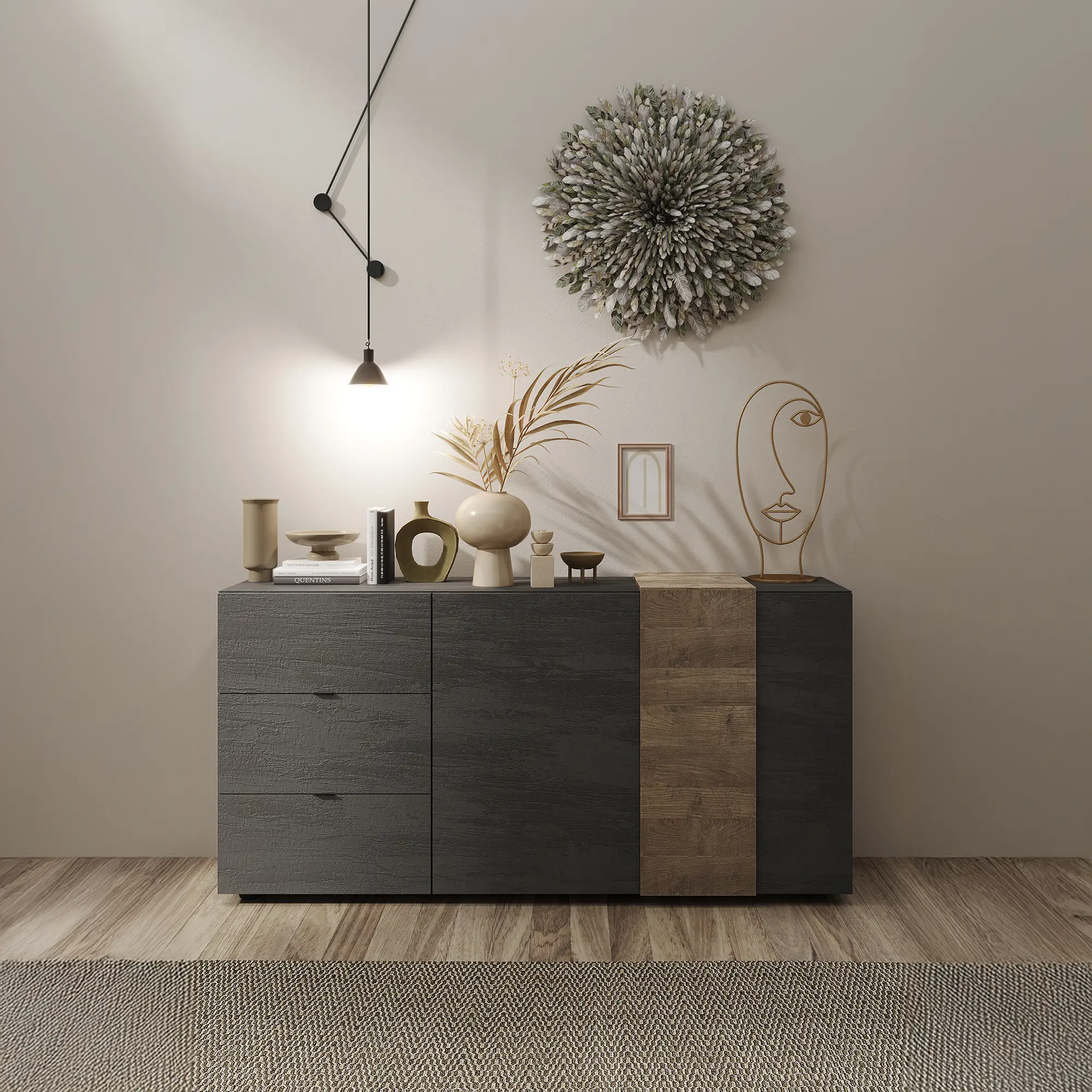 Madia moderna con 2 ante e 3 cassetti in finitura titanio e mercure, mobile contenitore per soggiorno dal design minimal ed elegante