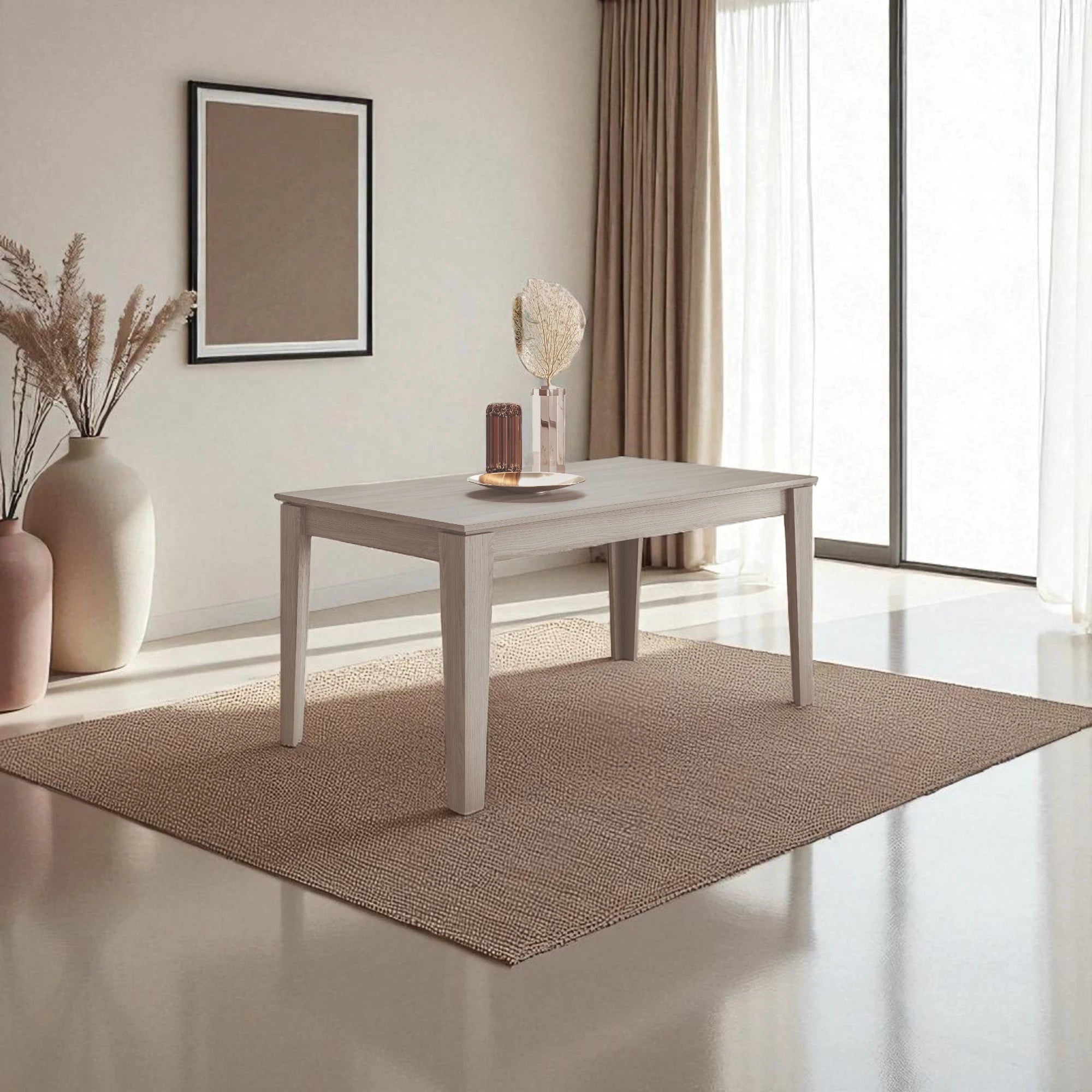 Tavolo allungabile in melaminico resistente, colore olmo, compatto da chiuso, con allunga integrata da 40 cm. Disponibile in due finiture, ideale per soggiorno, cucina o sala da pranzo.