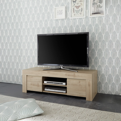 Mobile TV moderna due ante chiuse e un ripiano centrale con vani a giorno aperti in colore rovere cadiz, mobile pratico e elegante per soggiorno