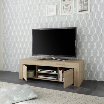 Mobile TV moderna due ante aperte e un ripiano centrale con vani a giorno in colore rovere cadiz, mobile pratico e elegante per soggiorno