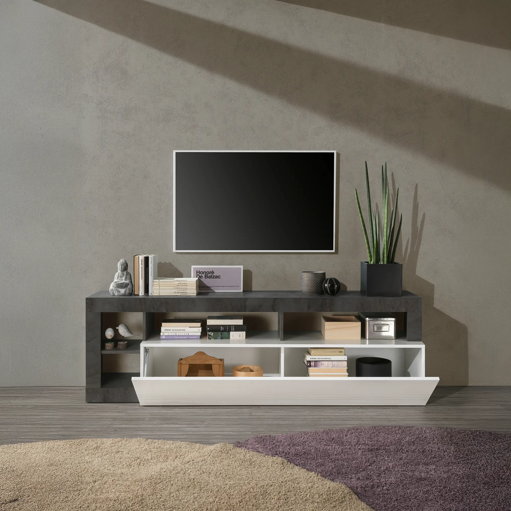 Mobile TV moderna un'anta apertae 4 vani a giorno aperti senza schienale in colore bianco e ossido, mobile contenitore elegante per soggiorno