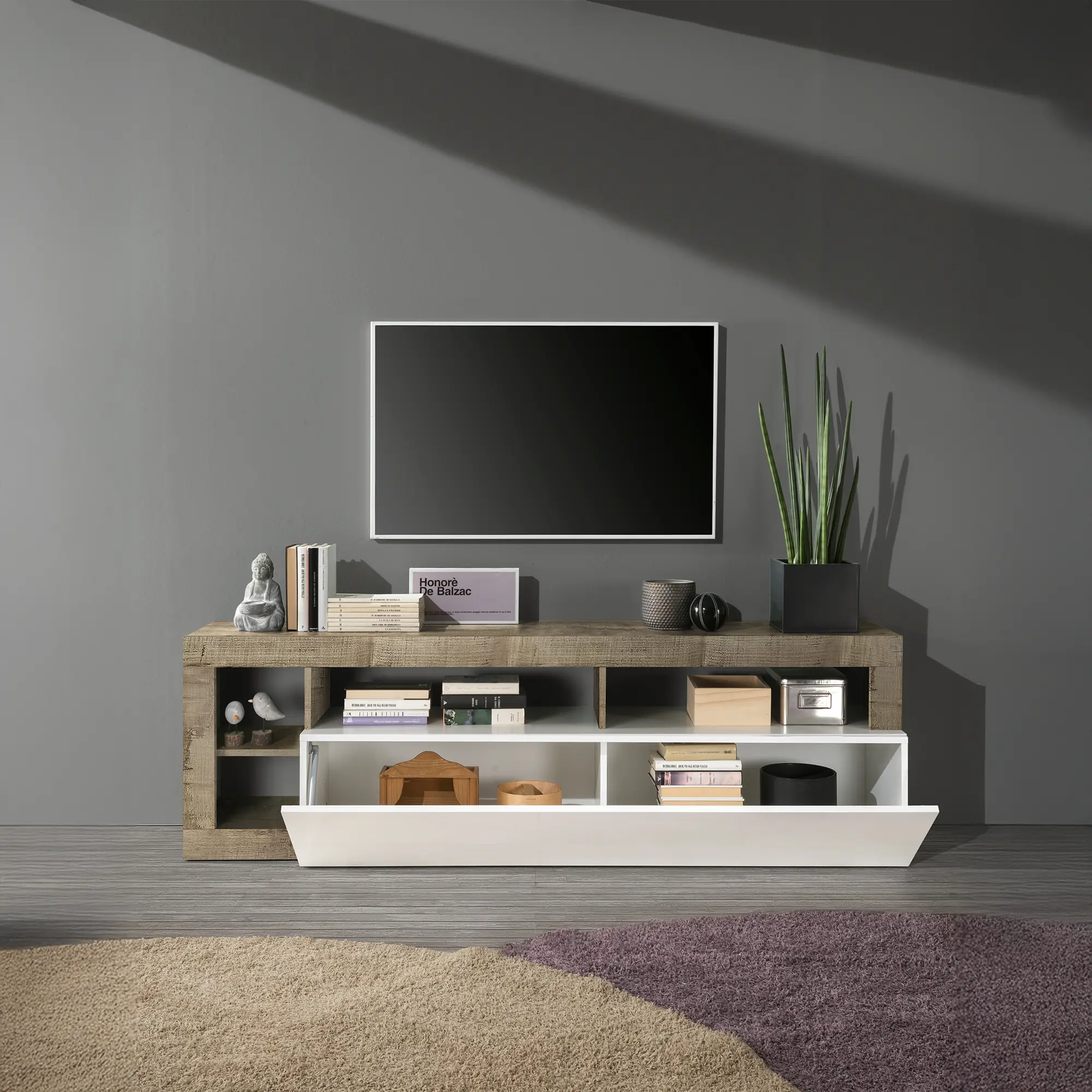 Mobile TV moderna un'anta aperta e 4 vani a giorno senza schienale in colore bianco e pero, mobile contenitore elegante per soggiorno