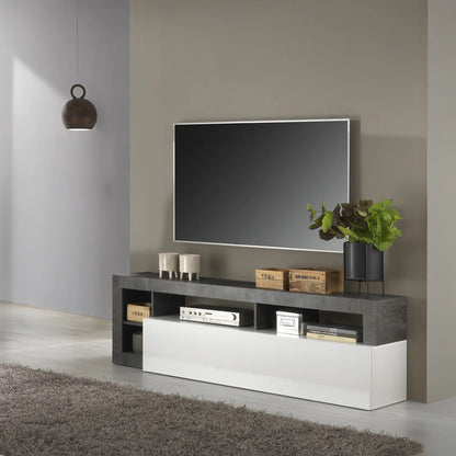 Mobile TV moderna un'anta chiusa e 4 vani a giorno aperti senza schienale in colore bianco e ossido, mobile contenitore elegante per soggiorno