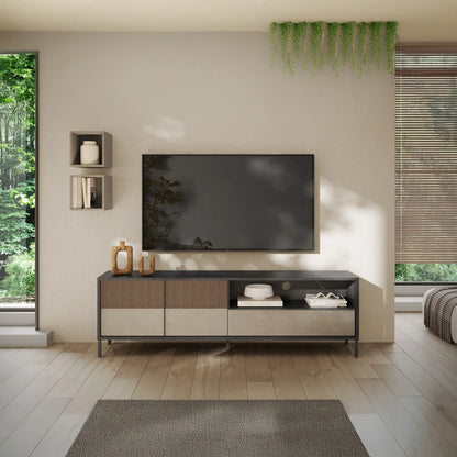 Base TV Sun con 2 ante, 1 cassetto e vano a giorno. Design elegante contemporaneo con finiture lava, argilla e mercure.