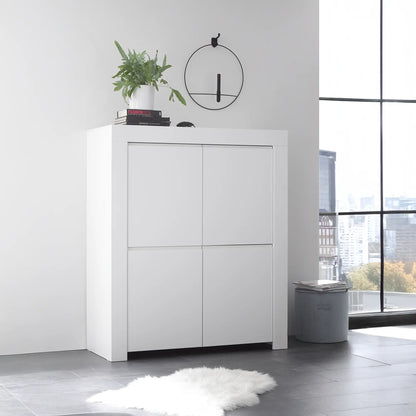 Mobile contenitore moderno con 4 ante chiuse e 3 ripiani interni in colore bianco, mobile contenitore elegante per soggiorno