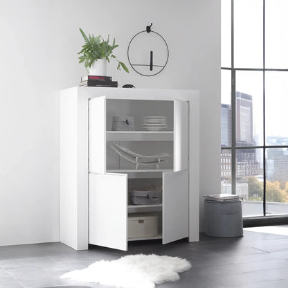 Mobile contenitore moderno con 4 ante aperte e 3 ripiani interni in colore bianco, mobile contenitore elegante per soggiorno