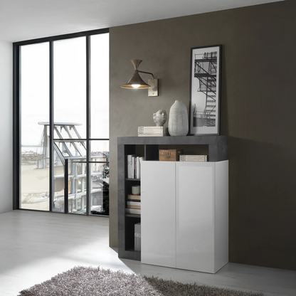 Colonna contenitore moderna due ante chiuse e 4 vani a giorno senza schienale in colore bianco ossido, mobile contenitore elegante per soggiorno