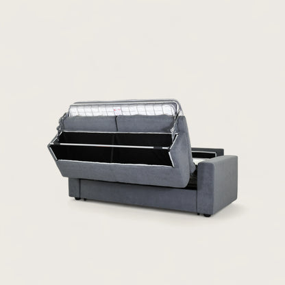Il divano letto trasformabile in tessuto grigio con materasso e porta cuscini integrato. Design moderno, Braccioli lineari e schienale alto.