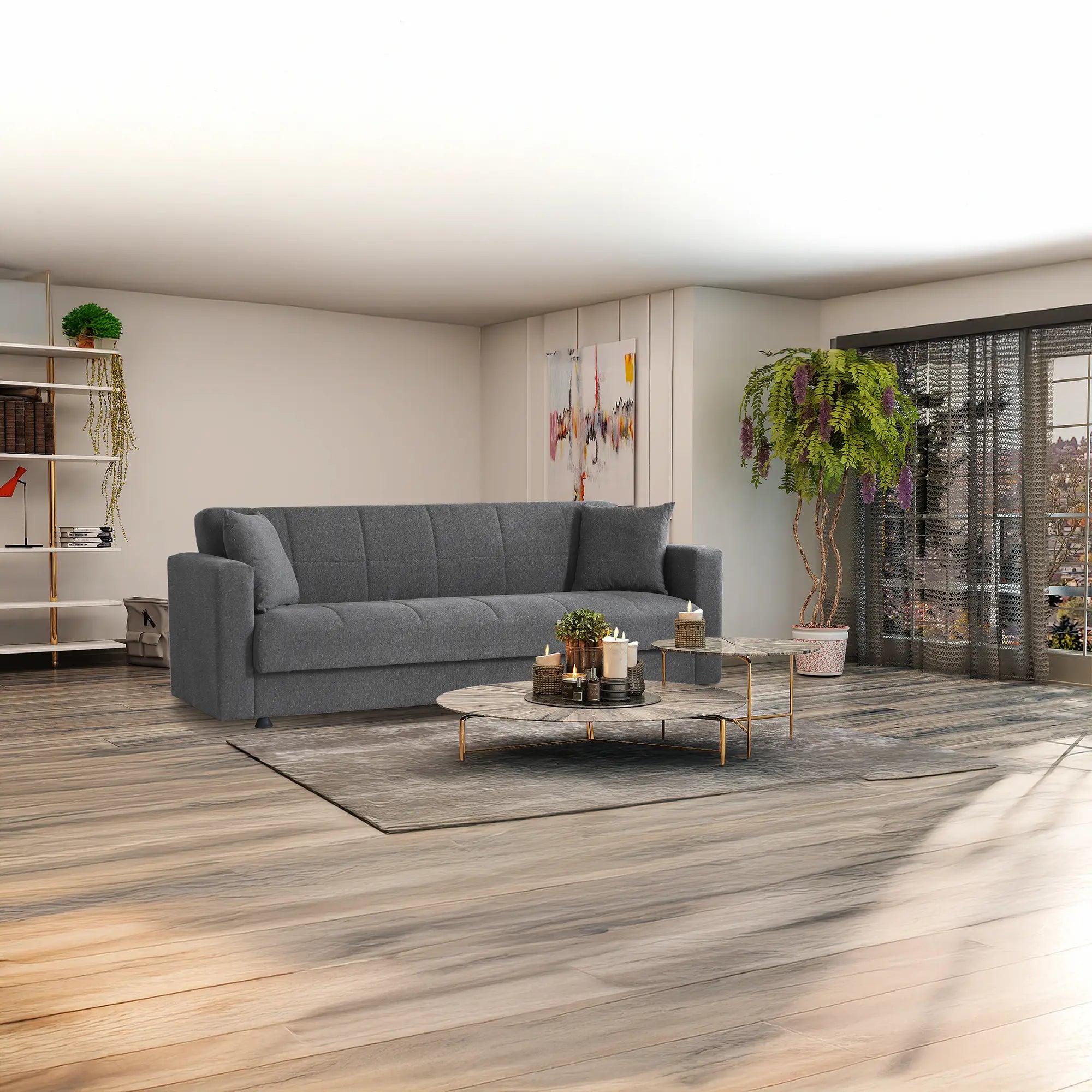 Divano letto Berry in colore grigio: design moderno, apertura click-clack, pratico contenitore e comfort garantito per soggiorni e stanze compatte. 