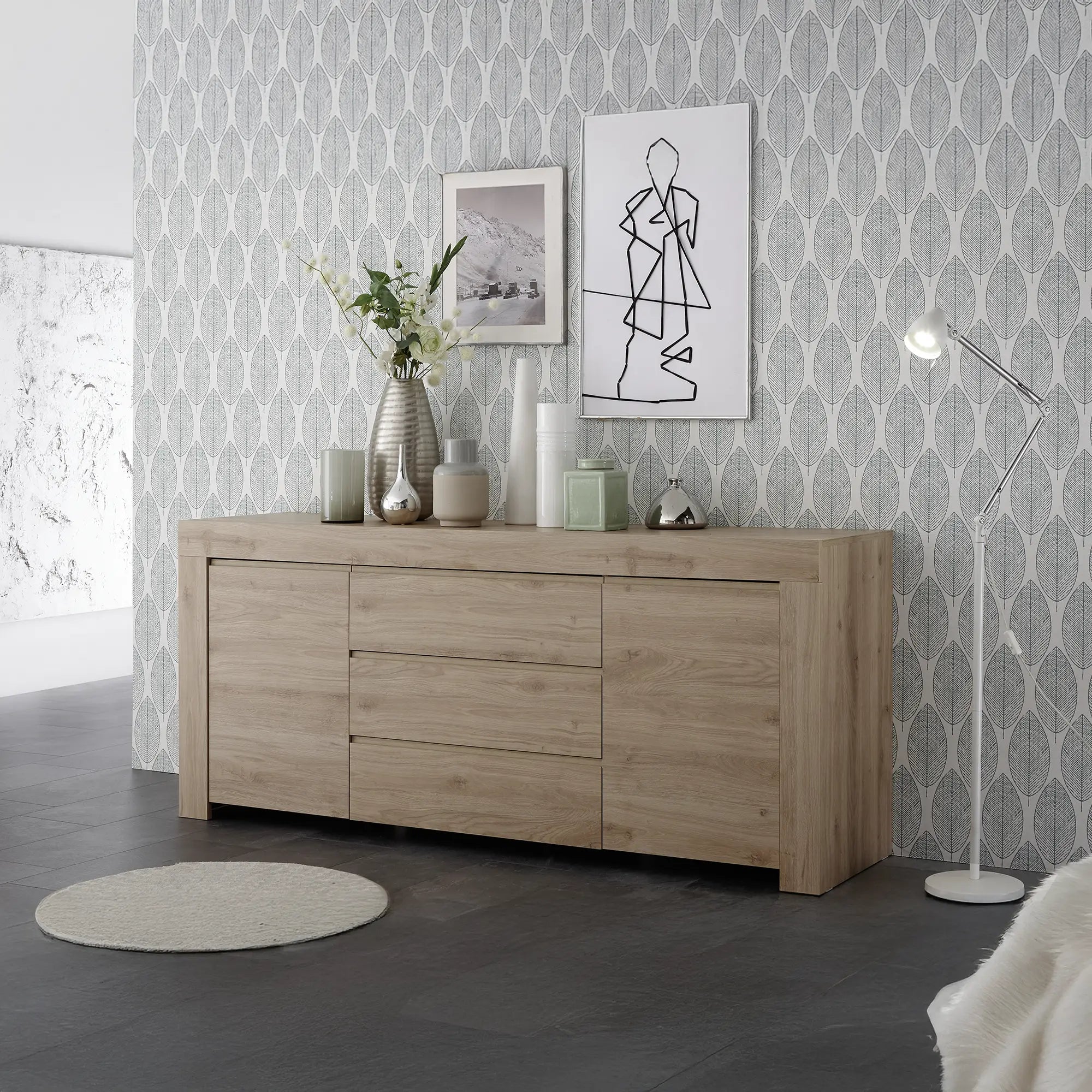 Mobile contenitore moderno 2 ante laterali con ripiano interno e 3 cassetti centrali in colore cadiz, mobile contenitore elegante per soggiorno