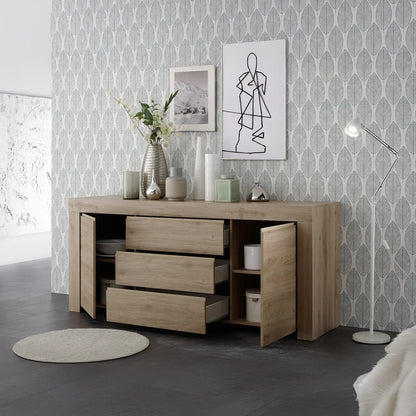 Mobile ampio spazio contenitivo moderno 2 ante laterali con ripiano interno e 3 cassetti centrali in colore cadiz, mobile contenitore elegante per soggiorno