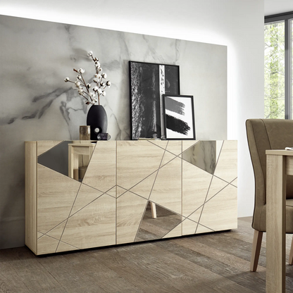 Madia 3 ante dal design elegante e specchi sagomati decorativi in colore rovere samoa, ideale per cucina, sala da pranzo o soggiorno