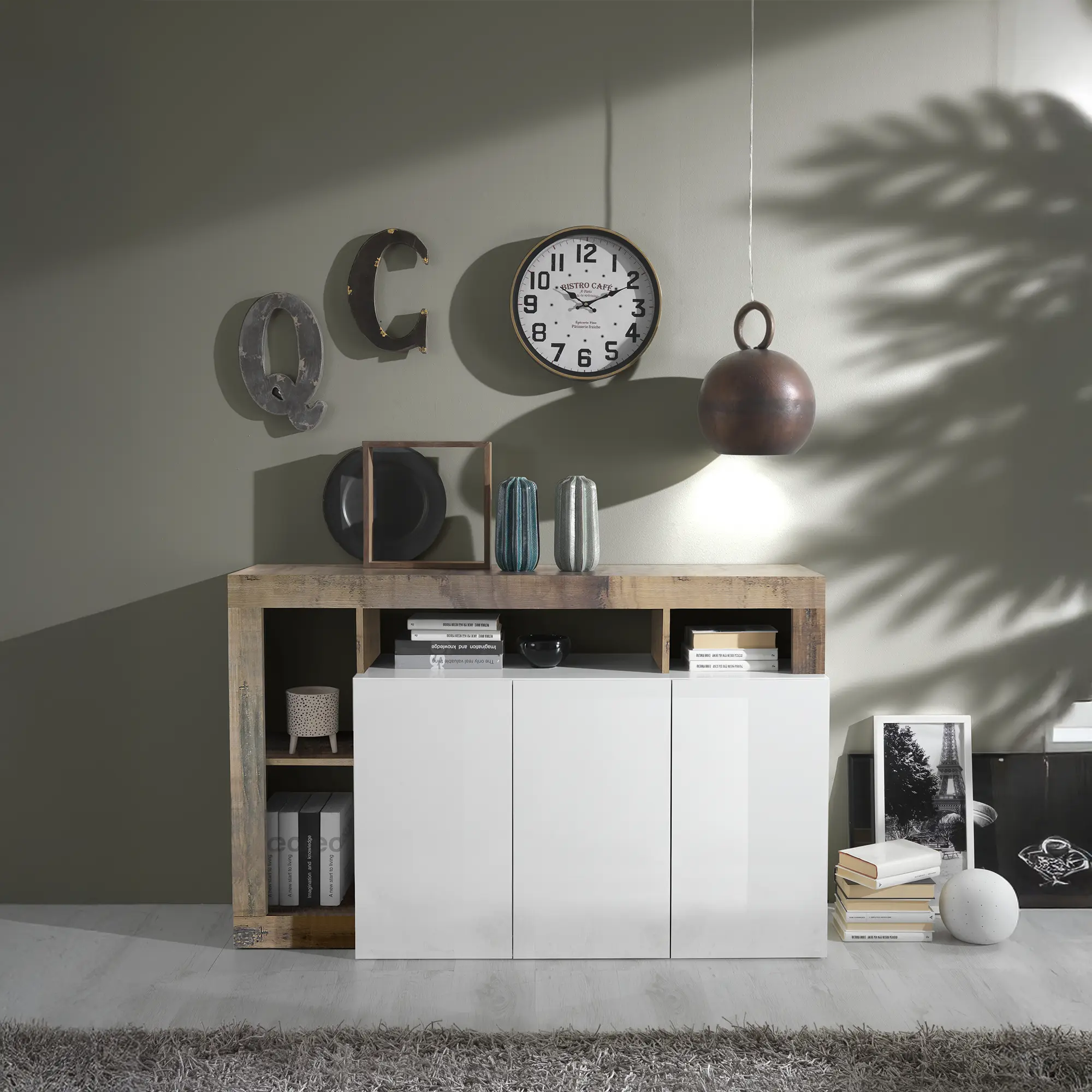 madia moderna con 3 ante  2 ripiani interni e 4 vani a giorno senza schienale in finiture bicolore di bianco laccato-pero