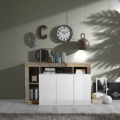 madia moderna con 3 ante  2 ripiani interni e 4 vani a giorno senza schienale in finiture bicolore di bianco laccato-pero