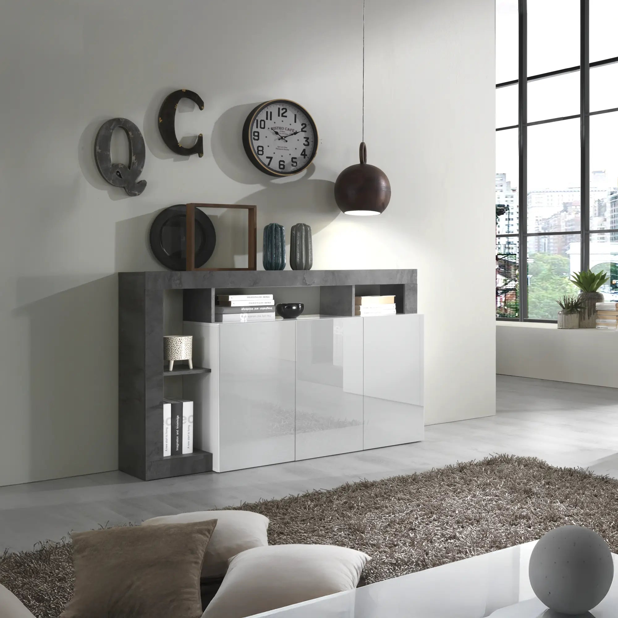 madia moderna con 3 ante  2 ripiani interni e 4 vani a giorno senza schienale in finiture bicolore di bianco laccato-ossido