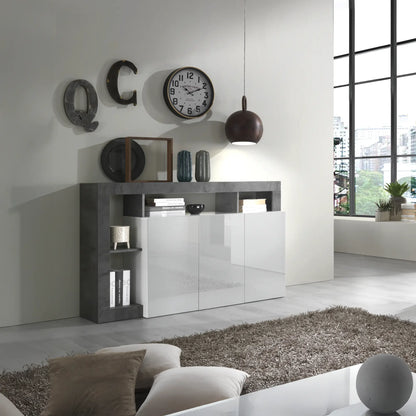 madia moderna con 3 ante  2 ripiani interni e 4 vani a giorno senza schienale in finiture bicolore di bianco laccato-ossido