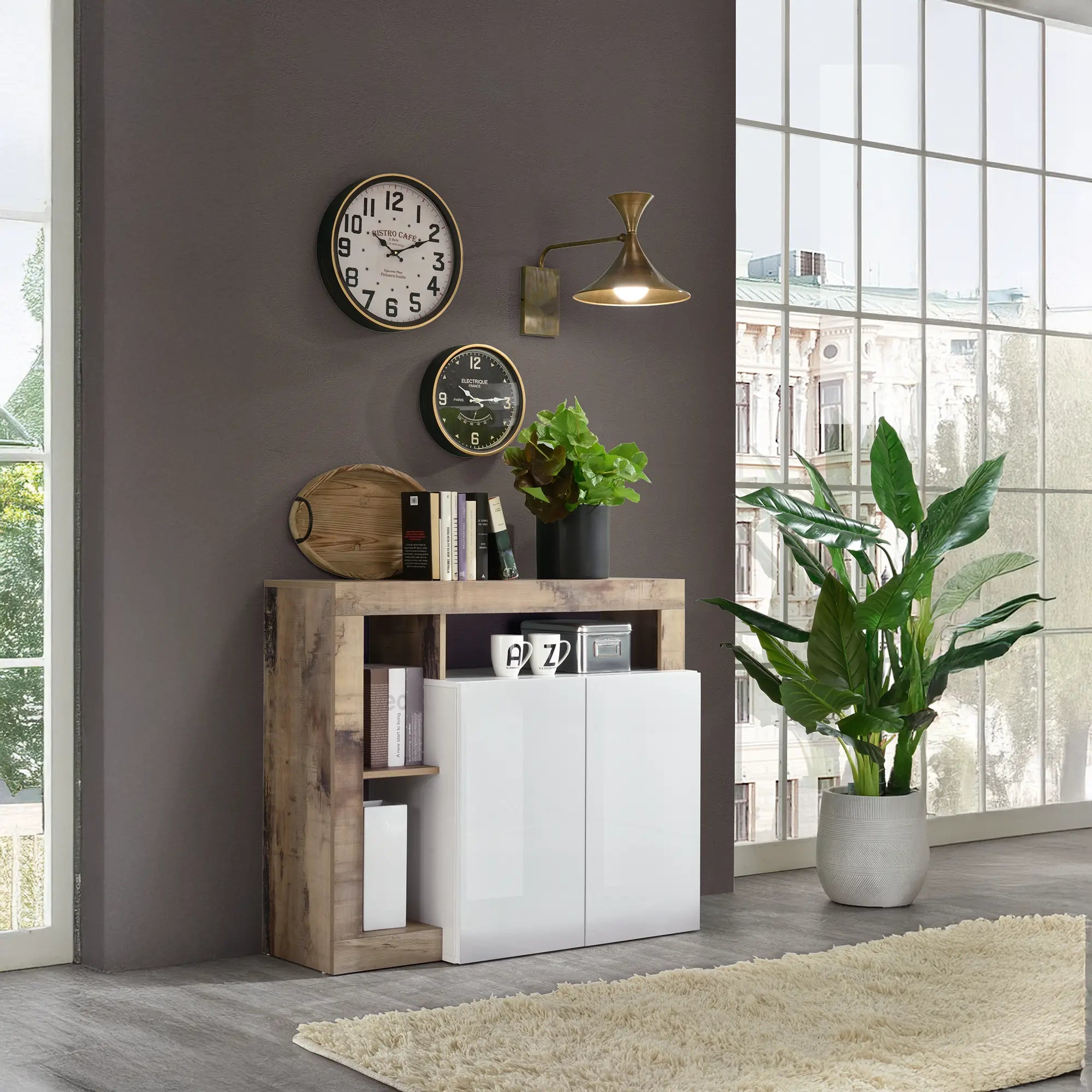 Credenza moderna 2 ante chiuse e 4 vani a giorno aperti in bianco pero, mobile contenitore elegante per soggiorno