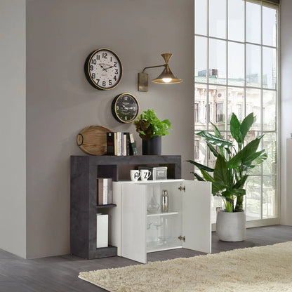 Credenza moderna 2 ante aperte con un ripiano interno e 4 vani a giorno aperti senza schienale in bianco e ossido, mobile contenitore elegante per soggiorno