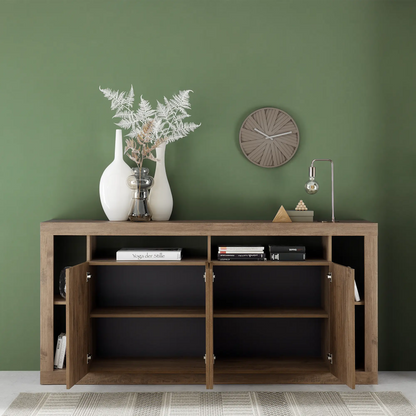 Colonna contenitore in colore mercure 4 ante a battente chiuse con  2 ripiani interni, design salvaspazio con scaffali laterali decorativi, arredo soggiorno elegante