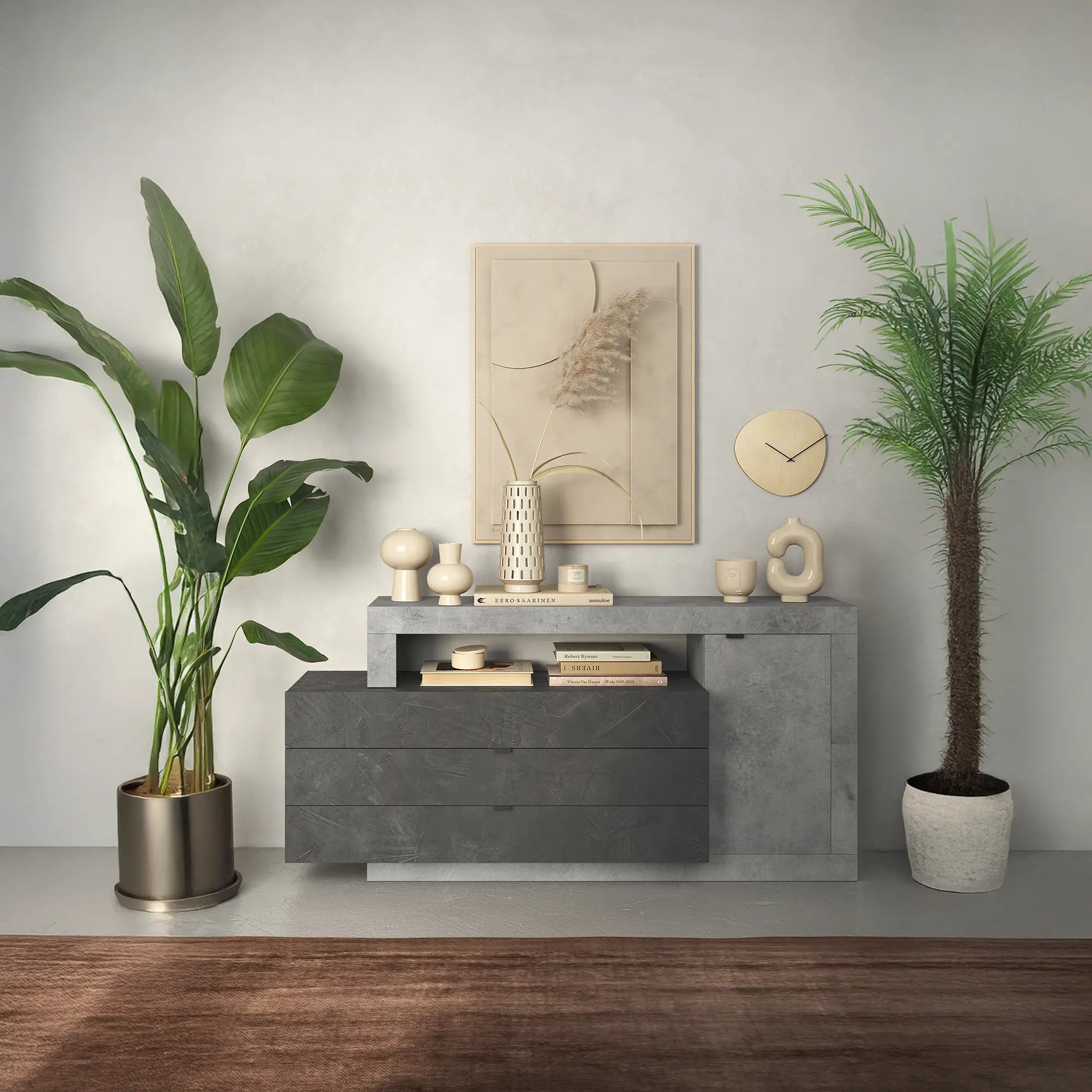 Madia moderna Fox con 1 anta, 3 cassetti e vano a giorno. Mobile contenitore in melaminico resistente, ideale per soggiorno, sala da pranzo o ingresso.
