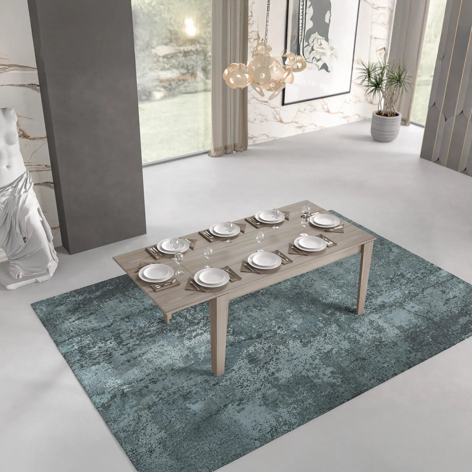 Tavolo allungabile in melaminico resistente, colore olmo, aperto con allunga integrata da 40 cm. Disponibile in due finiture, ideale per soggiorno, cucina o sala da pranzo.