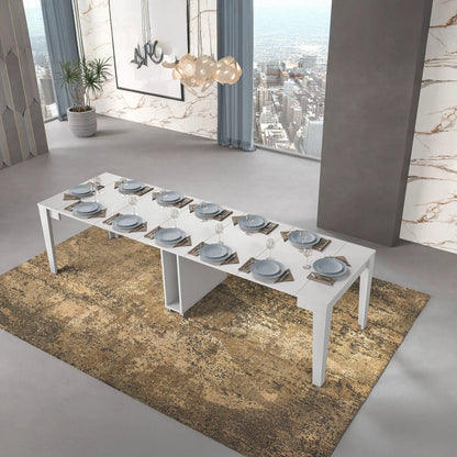 Tavolo consolle allungabile fino a 300 cm, con 5 allunghe integrate, in melaminico resistente, colore bianco finitura spatolata, design moderno e adatto a soggiorno o sala da pranzo, ospita fino a 12 persone.